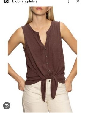 Sanctuary Textured Brown Sleeveless Button-Front Tie Hem Tank Top